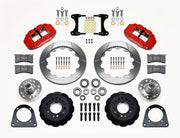 Wilwood TCI IFS front parts layout with red Superlite 6R calipers, 12.88-inch slotted rotor rings, separate hubs, bearings, pads and mounting brackets