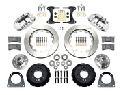 Wilwood TCI IFS front parts layout with polished Superlite 6R calipers, 14-inch slotted rotor rings, separate hubs, bearings, pads and mounting brackets