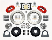 Wilwood TCI IFS front parts layout with red Superlite 6R calipers, 14-inch slotted rotor rings, separate hubs, bearings, pads and mounting brackets
