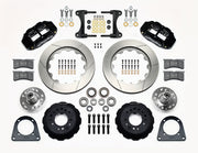 Wilwood TCI IFS front parts layout with black Superlite 6R calipers, 14-inch slotted rotor rings, separate hubs, bearings, pads and mounting brackets