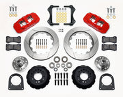 Wilwood TCI IFS front parts layout with red AERO6 calipers, 14-inch slotted rotor rings, separate hubs, bearings, pads and mounting brackets