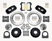Wilwood TCI IFS front parts layout with black AERO6 calipers, 14-inch slotted rotor rings, separate hubs, bearings, pads and mounting brackets