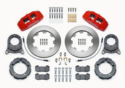 Wilwood Bronco Dana 30/44 drum-spindle front parts layout with red Dynapro 6 calipers, 11.75-inch plain-face rotors, hats and brackets, pads and separate fasteners