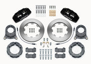 Wilwood Bronco Dana 30/44 drum-spindle front parts layout with black Dynapro 6 calipers, 11.75-inch plain-face rotors, hats and brackets, pads and separate fasteners
