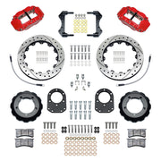 Wilwood Bronco Dana 30/44 drum-spindle front parts layout with red Superlite 6R calipers, 12.88-inch drilled-and-slotted rotors, hats and brackets, pads and separate fasteners