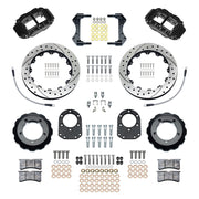 Wilwood Bronco Dana 30/44 drum-spindle front parts layout with black Superlite 6R calipers, 12.88-inch drilled-and-slotted rotors, hats and brackets, pads and separate fasteners