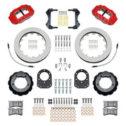 Wilwood Bronco Dana 30/44 drum-spindle front parts layout with red Superlite 6R calipers, 12.88-inch plain-face rotors, hats and brackets, pads and separate fasteners