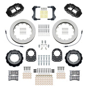 Wilwood Bronco Dana 30/44 drum-spindle front parts layout with black Superlite 6R calipers, 12.88-inch plain-face rotors, hats and brackets, pads and separate fasteners