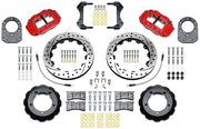 Wilwood Bronco Dana 44 factory-disc-spindle front parts layout with red Superlite 6R calipers, 12.88-inch drilled-and-slotted rotors, hats and brackets, pads and separate fasteners