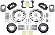 Wilwood Bronco Dana 44 factory-disc-spindle front parts layout with black Superlite 6R calipers, 12.88-inch drilled-and-slotted rotors, hats and brackets, pads and separate fasteners