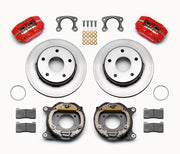 Wilwood Small Ford Bronco rear parking-brake kit laid out with red calipers, plain-face rotors, parking-brake assemblies, pads and mounting hardware