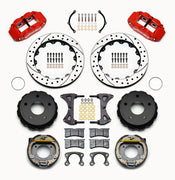Wilwood Small Ford Bronco 2.36-inch-offset rear parking-brake parts layout with red Superlite 4R calipers, 12.88-inch drilled-and-slotted rotors, internal drum parking-brake assemblies, pads and mounting hardware