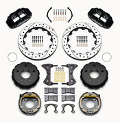 Wilwood Small Ford Bronco 2.36-inch-offset rear parking-brake parts layout with black Superlite 4R calipers, 12.88-inch drilled-and-slotted rotors, internal drum parking-brake assemblies, pads and mounting hardware