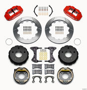 Wilwood Small Ford Bronco 2.36-inch-offset rear parking-brake parts layout with red Superlite 4R calipers, 12.88-inch slotted rotor rings, internal drum parking-brake assemblies, pads and mounting hardware