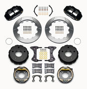 Wilwood Small Ford Bronco 2.36-inch-offset rear parking-brake parts layout with black Superlite 4R calipers, 12.88-inch slotted rotor rings, internal drum parking-brake assemblies, pads and mounting hardware