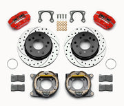 Wilwood Big Ford Bronco 2.36-inch-offset rear parking-brake parts layout with red Dynapro lug-mount calipers, 12.19-inch drilled-and-slotted rotors, internal drum parking-brake assemblies, pads and mounting hardware