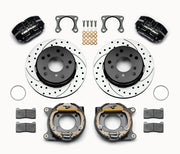Wilwood Big Ford Bronco 2.36-inch-offset rear parking-brake parts layout with black Dynapro lug-mount calipers, 12.19-inch drilled-and-slotted rotors, internal drum parking-brake assemblies, pads and mounting hardware
