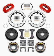Wilwood Big Ford Bronco 2.36-inch-offset rear parking-brake parts layout with red Superlite 4R calipers, 12.88-inch drilled-and-slotted rotors, internal drum parking-brake assemblies, pads and mounting hardware
