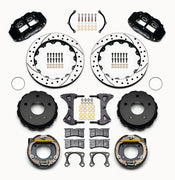 Wilwood Big Ford Bronco 2.36-inch-offset rear parking-brake parts layout with black Superlite 4R calipers, 12.88-inch drilled-and-slotted rotors, internal drum parking-brake assemblies, pads and mounting hardware