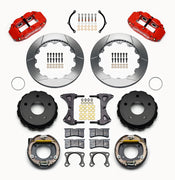 Wilwood Big Ford Bronco 2.36-inch-offset rear parking-brake parts layout with red Superlite 4R calipers, 12.88-inch slotted rotor rings, internal drum parking-brake assemblies, pads and mounting hardware