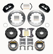 Wilwood Big Ford Bronco 2.36-inch-offset rear parking-brake parts layout with black Superlite 4R calipers, 12.88-inch slotted rotor rings, internal drum parking-brake assemblies, pads and mounting hardware