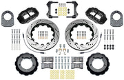 Wilwood Bronco Dana 30/44 drum-spindle front parts layout with black Superlite 6R calipers, 14-inch drilled-and-slotted rotors, hats and brackets, pads and separate fasteners