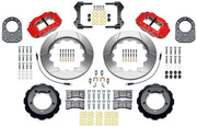 Wilwood Bronco Dana 30/44 drum-spindle front parts layout with red Superlite 6R calipers, 14-inch slotted rotor rings, hats and brackets, pads and separate fasteners