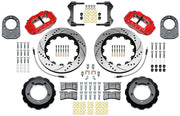 Wilwood Bronco Dana 44 factory-disc-spindle front parts layout with red Superlite 6R calipers, 14-inch drilled-and-slotted rotors, hats and brackets, pads and separate fasteners