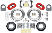 Wilwood Bronco Dana 44 factory-disc-spindle front parts layout with red Superlite 6R calipers, 14-inch slotted rotor rings, hats and brackets, pads and separate fasteners