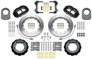 Wilwood Bronco Dana 44 factory-disc-spindle front parts layout with black Superlite 6R calipers, 14-inch slotted rotor rings, hats and brackets, pads and separate fasteners