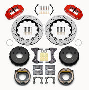 Wilwood Small Ford Bronco 2.36-inch-offset rear parking-brake parts layout with red Superlite 4R calipers, 14-inch drilled-and-slotted rotors, internal drum parking-brake assemblies, pads and mounting hardware