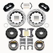Wilwood Small Ford Bronco 2.36-inch-offset rear parking-brake parts layout with black Superlite 4R calipers, 14-inch drilled-and-slotted rotors, internal drum parking-brake assemblies, pads and mounting hardware