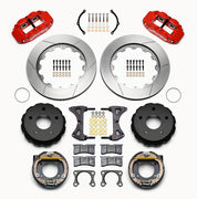 Wilwood Small Ford Bronco 2.36-inch-offset rear parking-brake parts layout with red Superlite 4R calipers, 14-inch slotted rotor rings, internal drum parking-brake assemblies, pads and mounting hardware