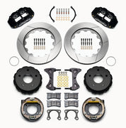 Wilwood Small Ford Bronco 2.36-inch-offset rear parking-brake parts layout with black Superlite 4R calipers, 14-inch slotted rotor rings, internal drum parking-brake assemblies, pads and mounting hardware
