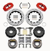 Wilwood Big Ford Bronco 2.36-inch-offset rear parking-brake parts layout with red Superlite 4R calipers, 14-inch drilled-and-slotted rotors, internal drum parking-brake assemblies, pads and mounting hardware