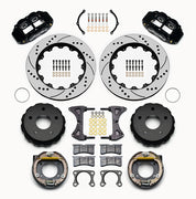 Wilwood Big Ford Bronco 2.36-inch-offset rear parking-brake parts layout with black Superlite 4R calipers, 14-inch drilled-and-slotted rotors, internal drum parking-brake assemblies, pads and mounting hardware