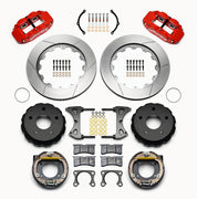 Wilwood Big Ford Bronco 2.36-inch-offset rear parking-brake parts layout with red Superlite 4R calipers, 14-inch slotted rotor rings, internal drum parking-brake assemblies, pads and mounting hardware