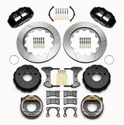 Wilwood Big Ford Bronco 2.36-inch-offset rear parking-brake parts layout with black Superlite 4R calipers, 14-inch slotted rotor rings, internal drum parking-brake assemblies, pads and mounting hardware