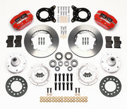 Wilwood Ford and Mercury spindle front parts layout with red Dynapro dust-boot calipers, 11-inch plain-face rotors, separate hubs, bearings, pads and mounting brackets