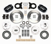 Wilwood Ford and Mercury spindle front parts layout with black Dynapro dust-boot calipers, 11-inch plain-face rotors, separate hubs, bearings, pads and mounting brackets
