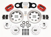 Wilwood Ford and Mercury spindle front parts layout with red Dynapro dust-boot calipers, 12.19-inch plain-face rotors, separate hubs, bearings, pads and mounting brackets