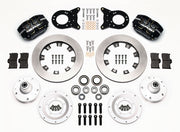 Wilwood Ford and Mercury spindle front parts layout with black Dynapro dust-boot calipers, 12.19-inch plain-face rotors, separate hubs, bearings, pads and mounting brackets