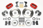 Wilwood ProSpindle front parts layout with red Dynapro dust-boot calipers, 11-inch plain-face rotors, separate hubs, bearings, pads and mounting brackets
