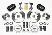 Wilwood ProSpindle front parts layout with black Dynapro dust-boot calipers, 11-inch plain-face rotors, separate hubs, bearings, pads and mounting brackets