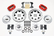 Wilwood ProSpindle front parts layout with red Dynapro dust-boot calipers, 12.19-inch drilled-and-slotted rotors, separate hubs, bearings, pads and mounting brackets