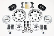Wilwood ProSpindle front parts layout with black Dynapro dust-boot calipers, 12.19-inch drilled-and-slotted rotors, separate hubs, bearings, pads and mounting brackets