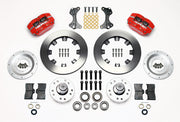 Wilwood ProSpindle front parts layout with red Dynapro dust-boot calipers, 12.19-inch plain-face rotors, separate hubs, bearings, pads and mounting brackets