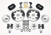 Wilwood ProSpindle front parts layout with black Dynapro dust-boot calipers, 12.19-inch plain-face rotors, separate hubs, bearings, pads and mounting brackets