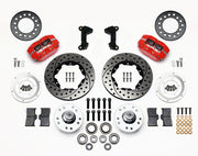 Wilwood Mustang II, Pinto and Bobcat front parts layout with red Dynapro dust-boot calipers, 11-inch drilled-and-slotted rotors, separate hubs, bearings, pads and mounting brackets