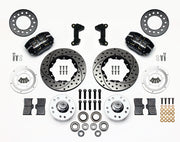 Wilwood Mustang II, Pinto and Bobcat front parts layout with black Dynapro dust-boot calipers, 11-inch drilled-and-slotted rotors, separate hubs, bearings, pads and mounting brackets